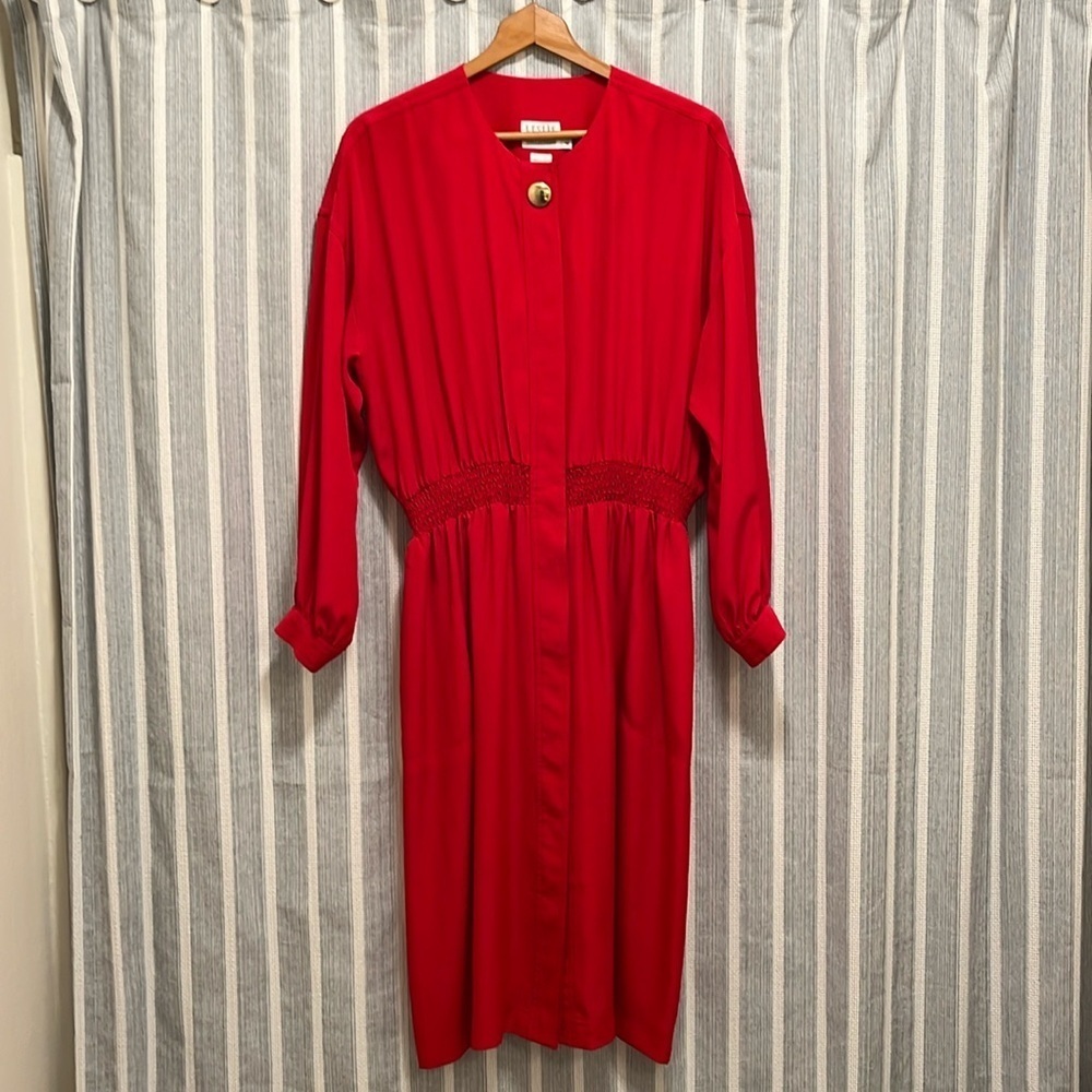 Leslie Fay Womens Vibrant Red Long Sleeve Blouson Dress Size 18 Pockets